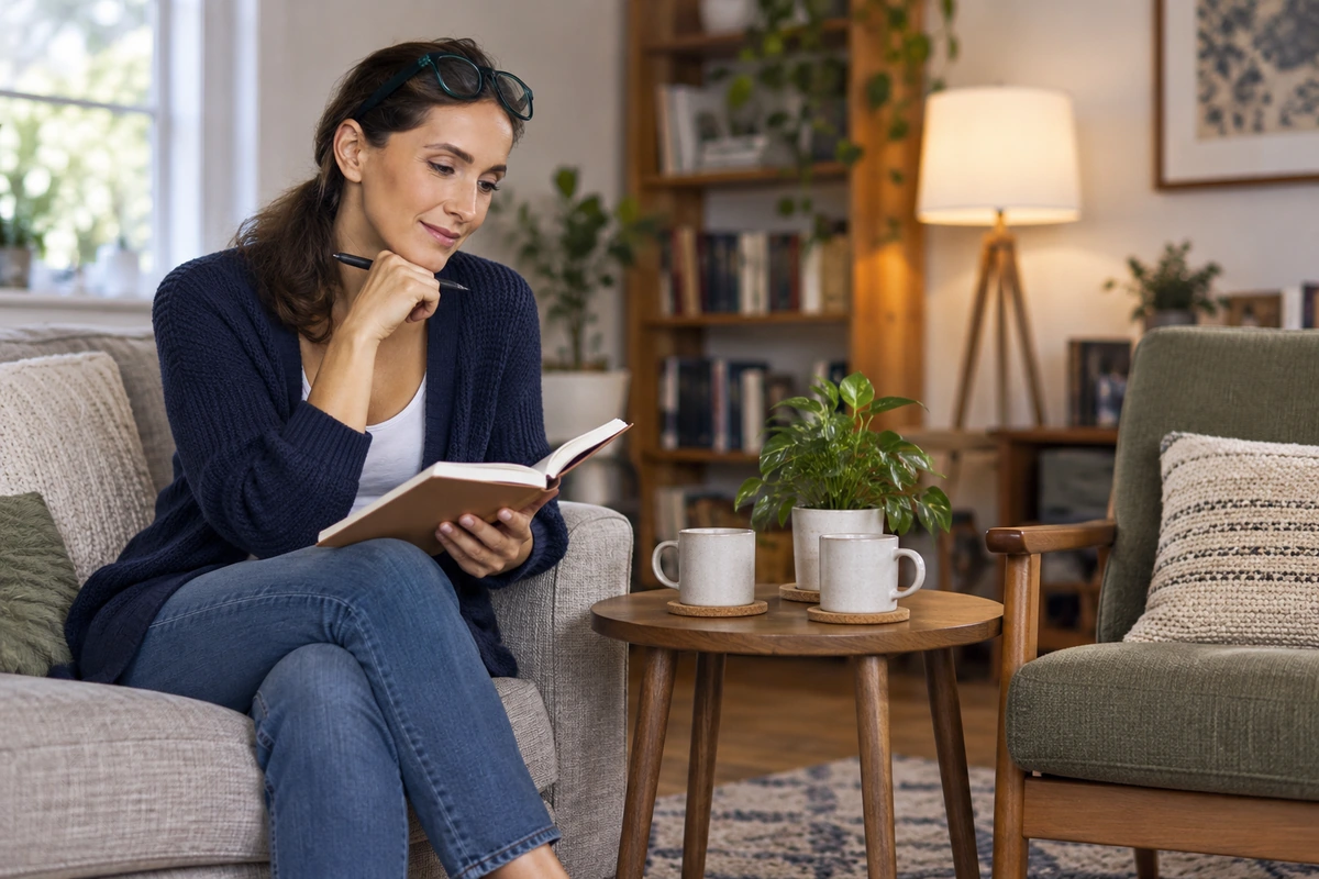 Woman reviewing notes beside two chairs and mugs before a conversation