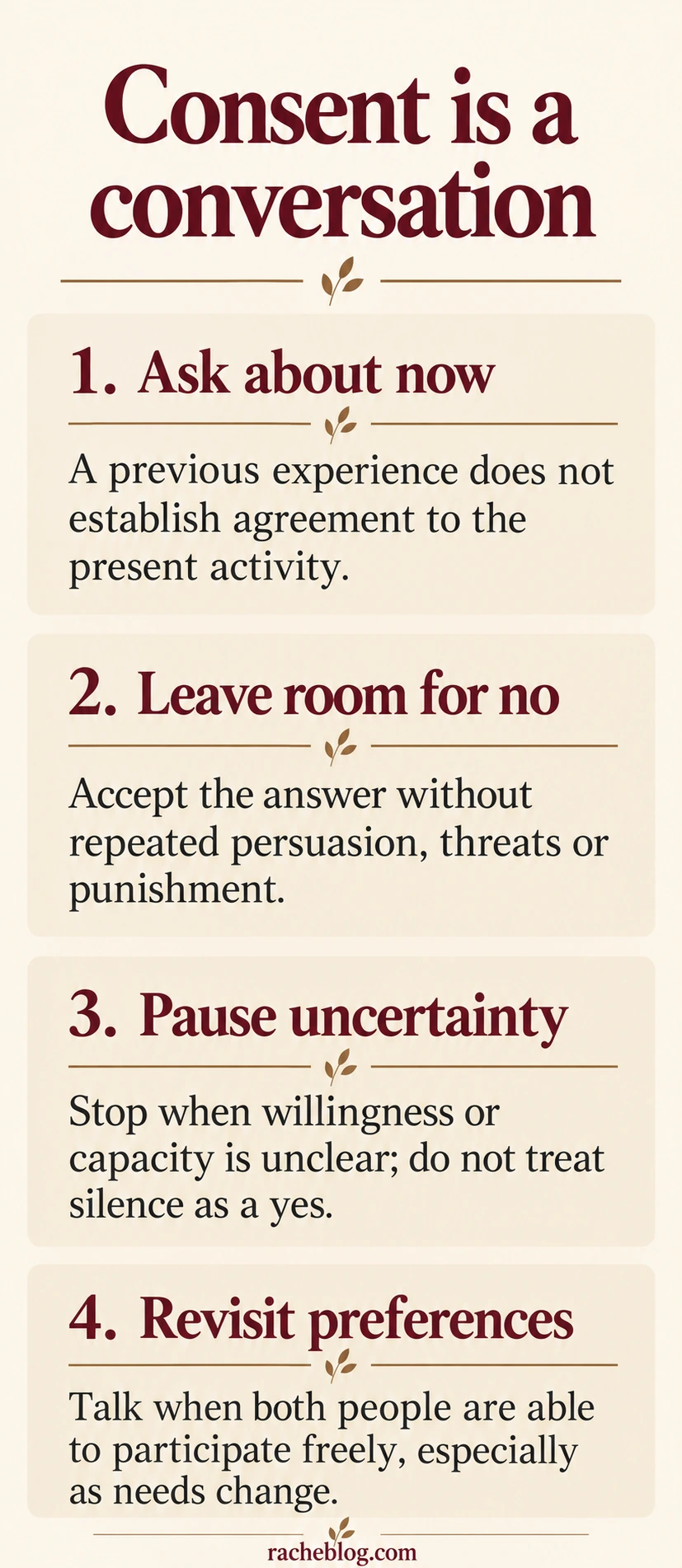 Consent is a conversation: Ask about now, Leave room for no, Pause uncertainty, Revisit preferences.