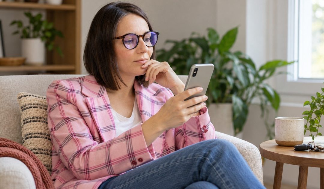 A woman wearing round glasses holds a metallic grey smartphone vertically and considers digital privacy settings while seated in a plain armchair.