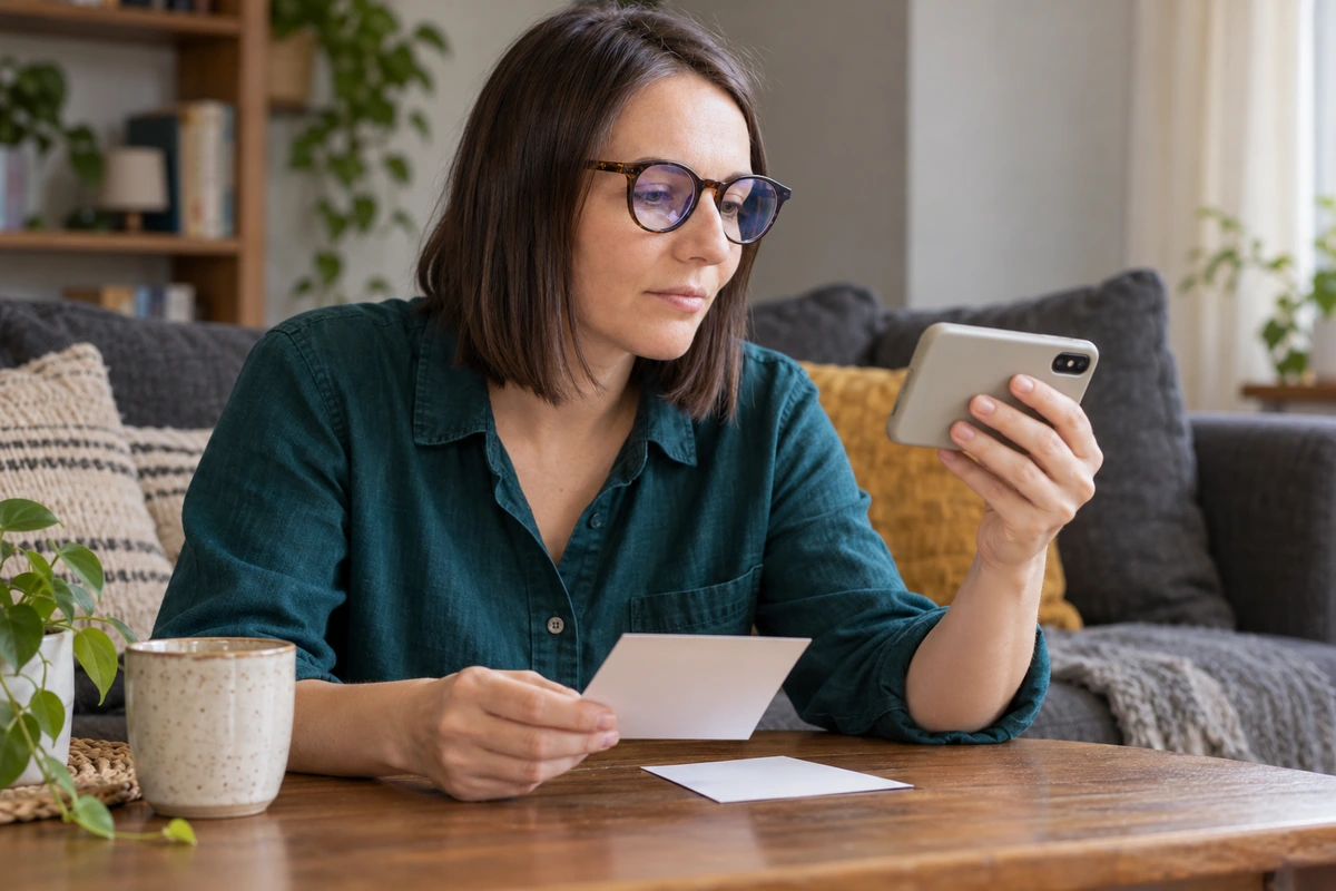 Woman reviewing her phone in landscape position beside printed photographs
