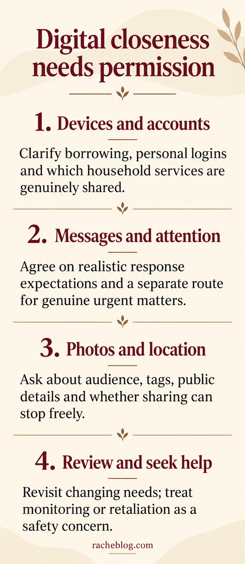 Digital closeness needs permission: Devices and accounts, Messages and attention, Photos and location, Review and seek help.